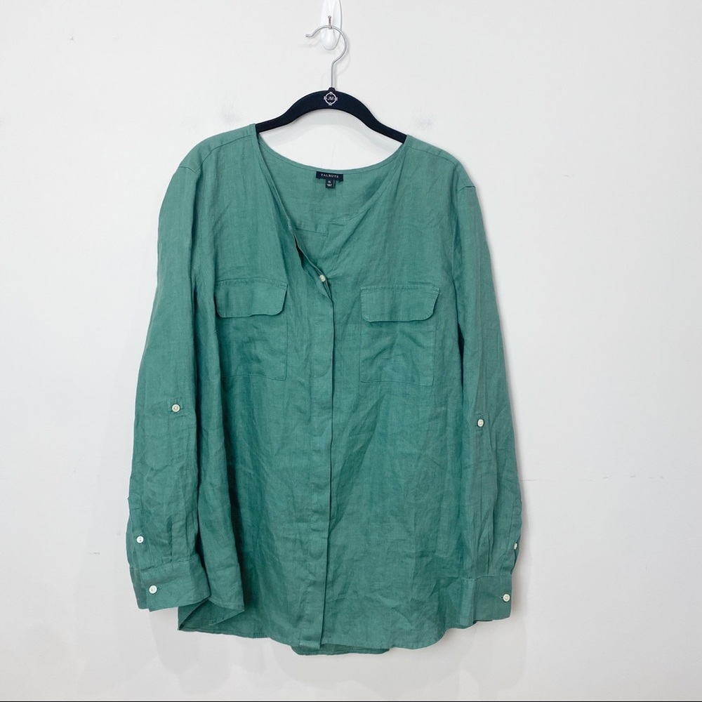 Talbots Linen Top Green Long Sleeve